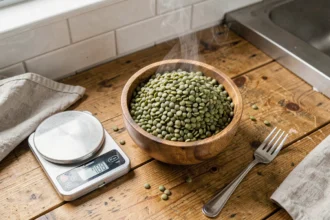 Bol de lentilles cuites pesées sur une balance de cuisine avec 100 grammes affichés, sur une table en bois rustique