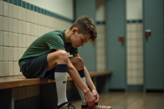 Jeune adolescent tenant son talon douloureux après l'entraînement de football, illustrant la maladie de Sever