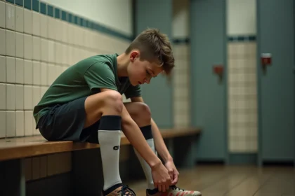 Jeune adolescent tenant son talon douloureux après l'entraînement de football, illustrant la maladie de Sever
