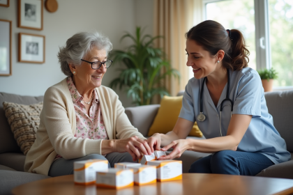 Femme âgée avec aidante arrangeant médicaments dans un salon