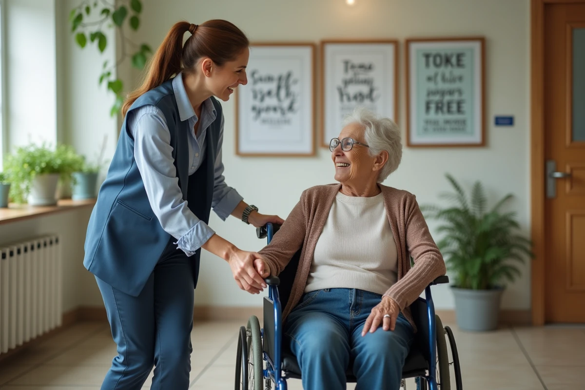 Assistante aidant une personne agee en fauteuil roulant