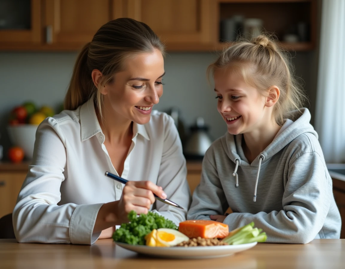 Nutritionniste expliquant à une adolescente l'impact de l'alimentation anti-inflammatoire sur la douleur au talon liée à la maladie de Sever