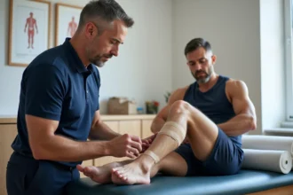 Kinésithérapeute appliquant du tape kinésiologique sur le mollet d'un sportif pour traiter une élongation musculaire