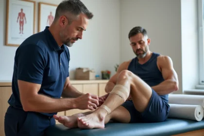 Kinésithérapeute appliquant du tape kinésiologique sur le mollet d'un sportif pour traiter une élongation musculaire