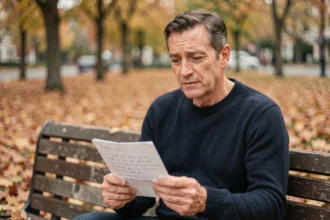 Chanteur éprouvé par la maladie lisant une lettre de soutien de ses fans dans un parc en automne
