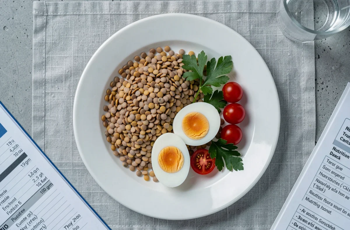 Assiette blanche avec 100 grammes de lentilles cuites du Puy, œuf dur et tomates cerises, repas équilibré pour la perte de poids