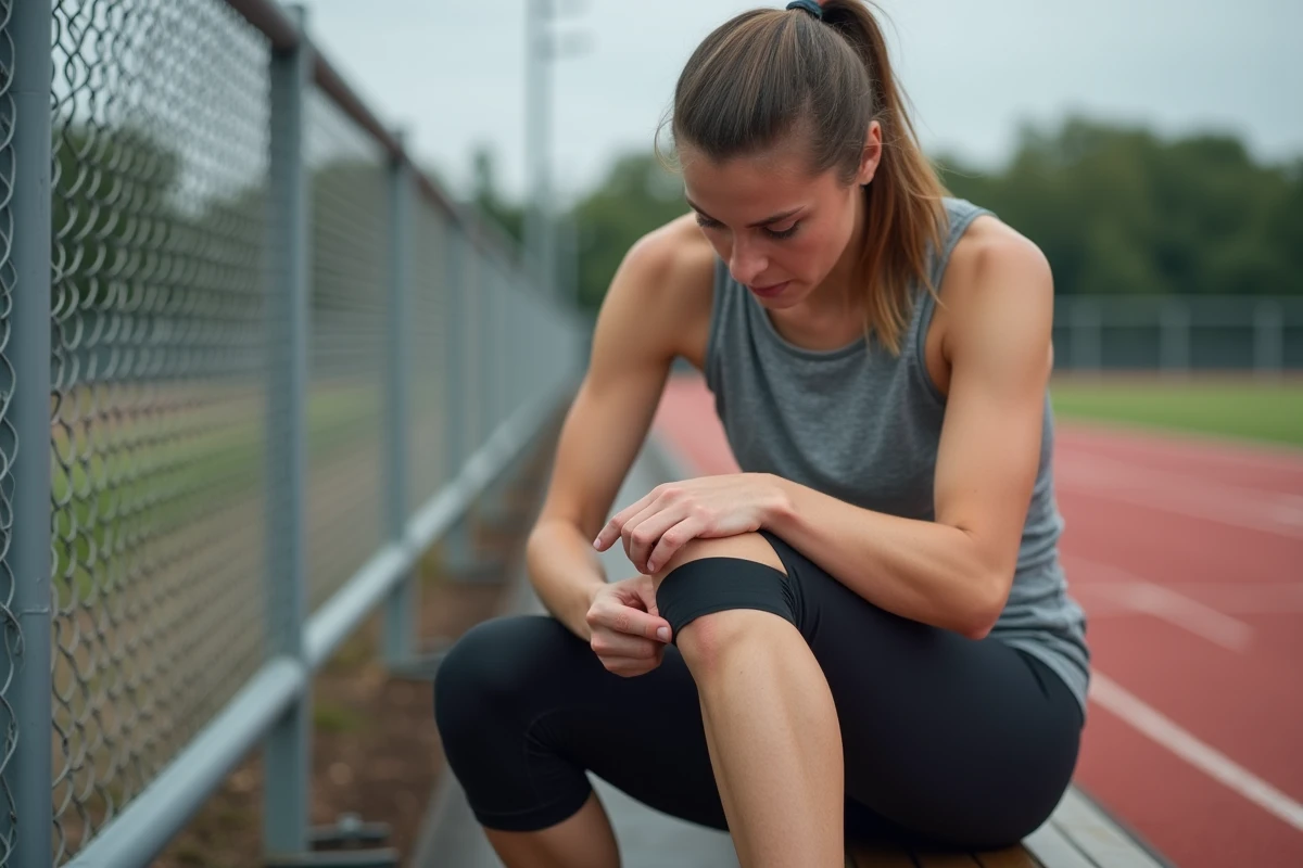Athlète féminine réalisant elle-même un taping du mollet sur un banc de stade pour prévenir une élongation