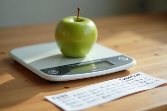 Balance de cuisine avec une pomme verte et tableau de calories