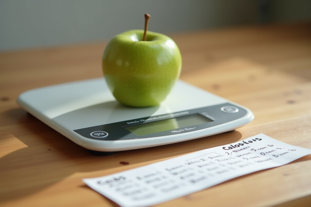 Balance de cuisine avec une pomme verte et tableau de calories