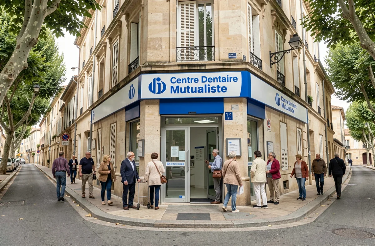 Façade du Centre Dentaire Mutualiste dans l'Hérault, entrée moderne et accessible avec signalétique bleue et blanche