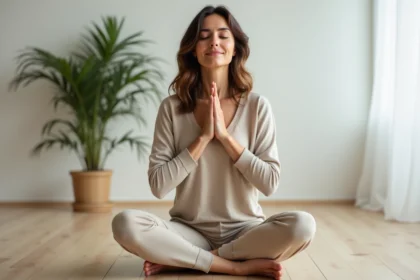 Femme en méditation touchant son chakra gorge dans un studio de yoga minimaliste