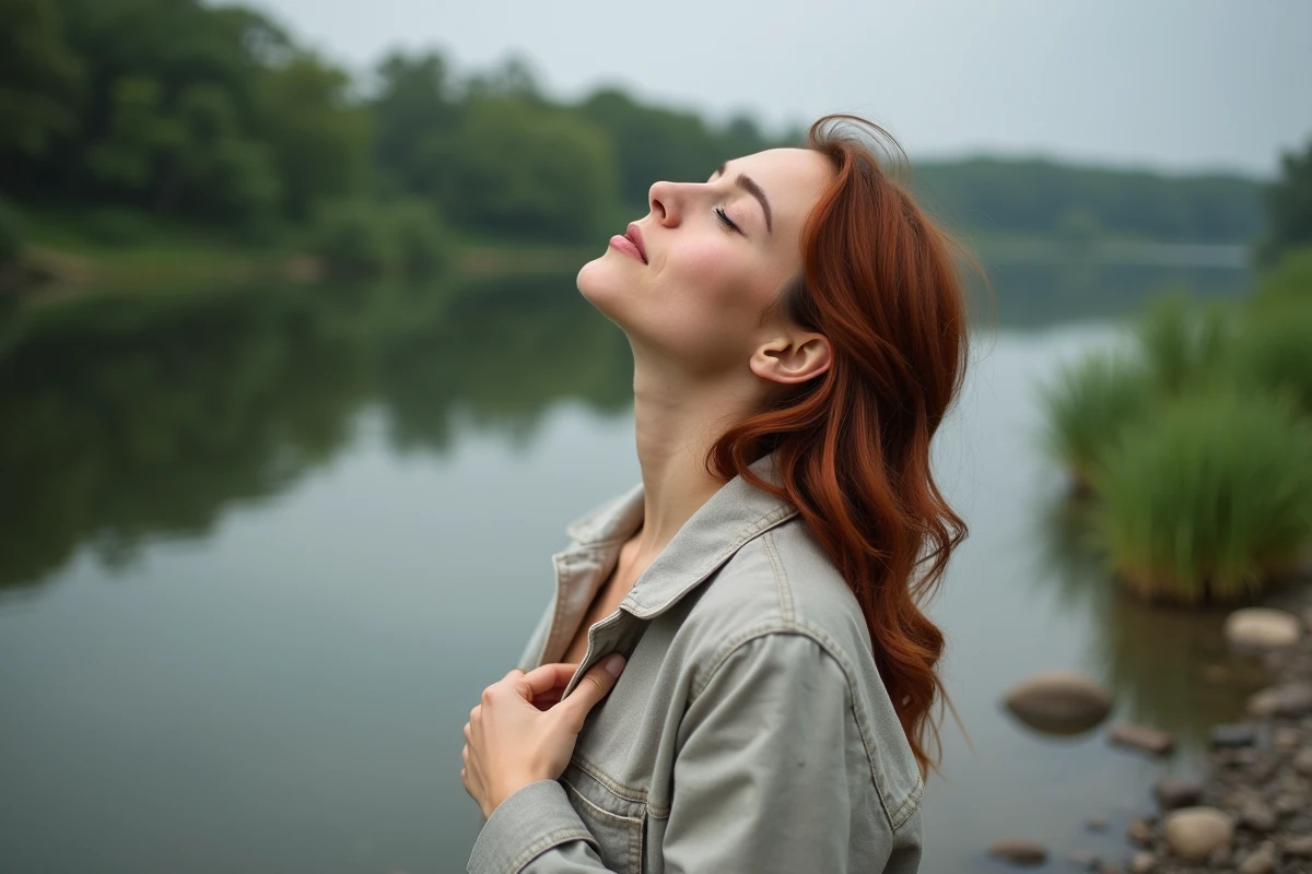 Femme libérant son chakra gorge en plein air au bord d'une rivière, pratique vocale et énergétique