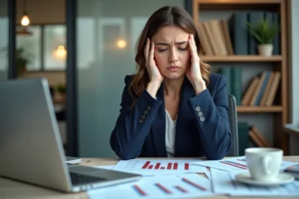 Cheffe d'entreprise stressée analysant des tableaux financiers en difficulté dans son bureau de PME