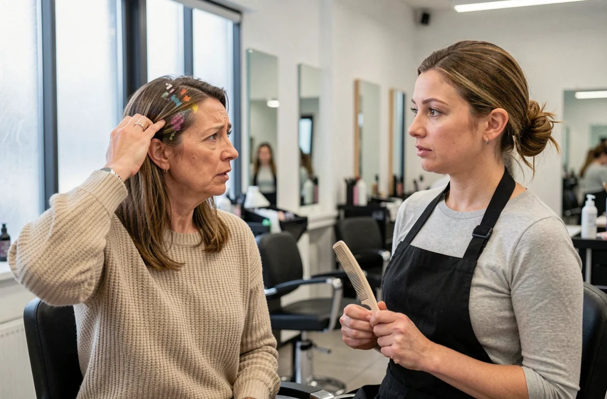 Cliente expliquant ses symptômes de maux de tête à sa coiffeuse après une coloration végétale, dialogue sérieux en salon de coiffure