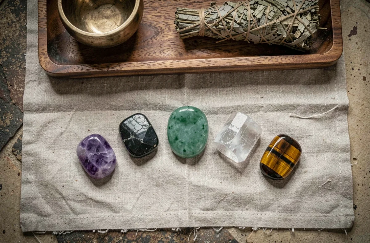 Collection de pierres d'inquiétude en améthyste, obsidienne et jade disposées sur du lin brut avec un bol chantant pour la recharge énergétique