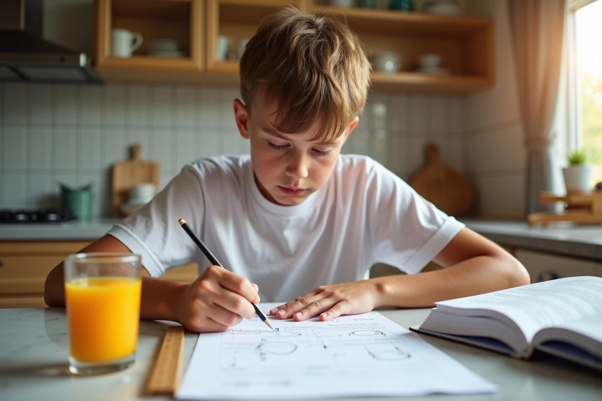 Collégien préparant le brevet en calculant la tension électrique sur une feuille d'exercices de physique à la table de cuisine