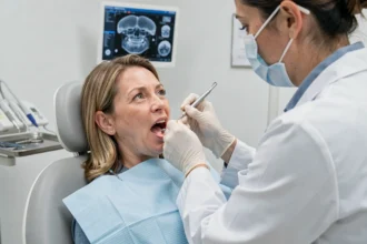 Patiente en consultation dentaire pour explorer des alternatives aux implants dentaires avec os artificiel