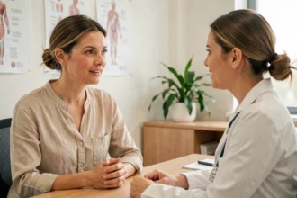 Femme en consultation gynécologique discutant de symptômes avec sa médecin dans un cabinet médical moderne