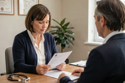 Femme en consultation médicale discutant de son traitement antidépresseur BRINTELLIX avec son médecin généraliste