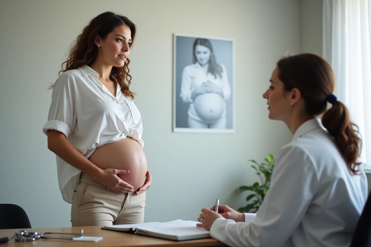 Femme enceinte en consultation médicale discutant de douleurs dans l'aine droite avec sa gynécologue