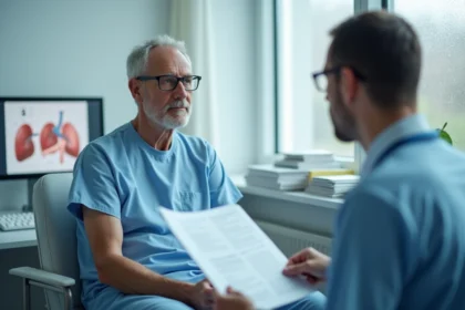 Patient de 50 ans en consultation médicale discutant d'un résultat sanguin élevé de gamma GT avec son médecin dans un cabinet hospitalier moderne