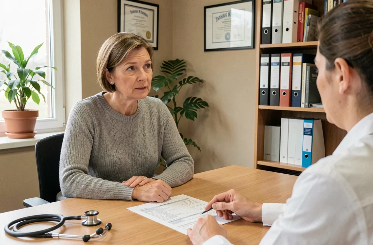 Patiente en consultation médicale discutant des résultats d'analyse SGPT avec son médecin généraliste