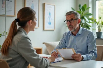 Femme en consultation osteopathie avec un patient dans un cabinet moderne