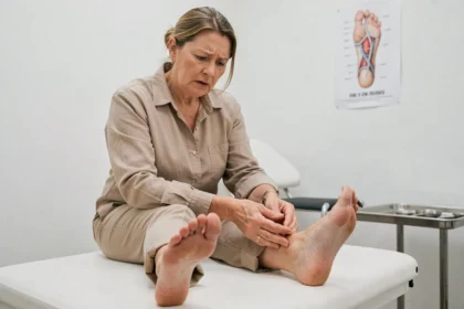 Femme d'âge moyen examinant son orteil douloureux chez un podologue pour une bursite chronique du pied