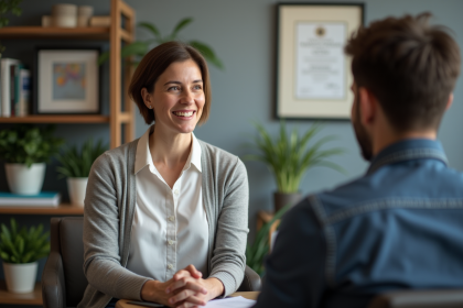 Femme et jeune homme en consultation dans un bureau moderne