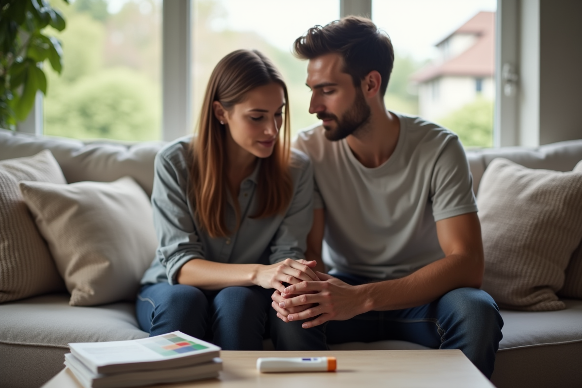 Jeune couple assis sur un canapé avec test de grossesse