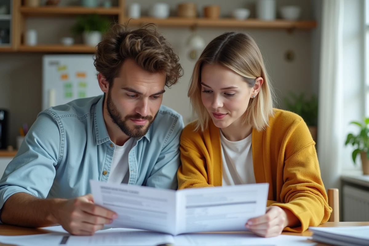 Jeune couple examinant des formulaires d