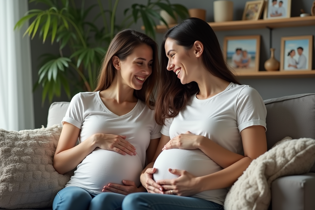 Jeune couple enceinte dans un salon chaleureux