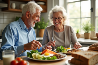 Couple senior heureux préparant un repas coloré à la cuisine