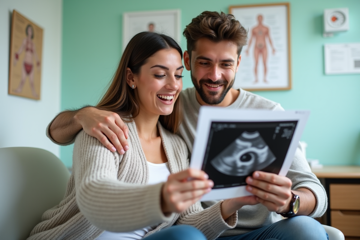 Couple regardant une échographie dans une clinique