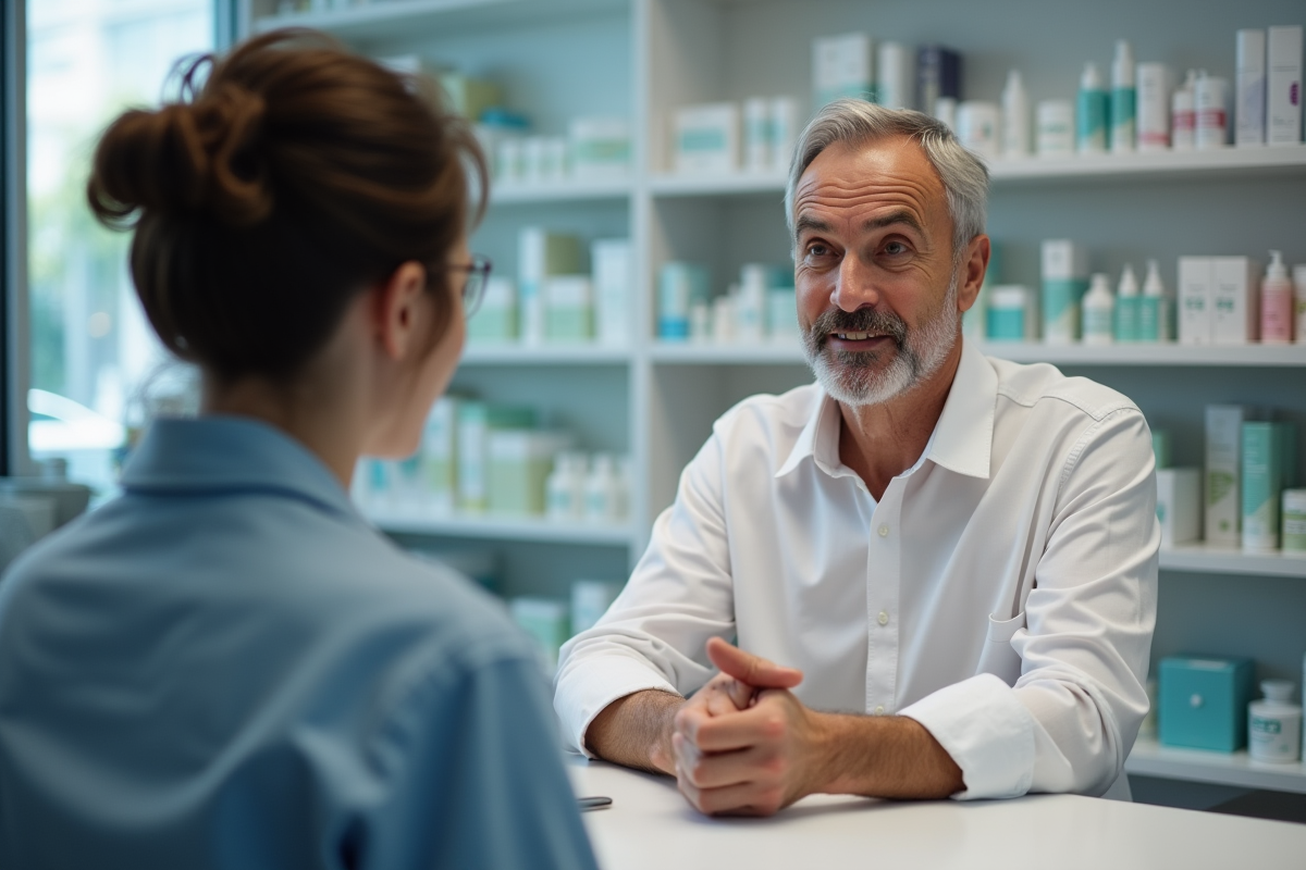 Homme discutant de son eczema avec un pharmacien
