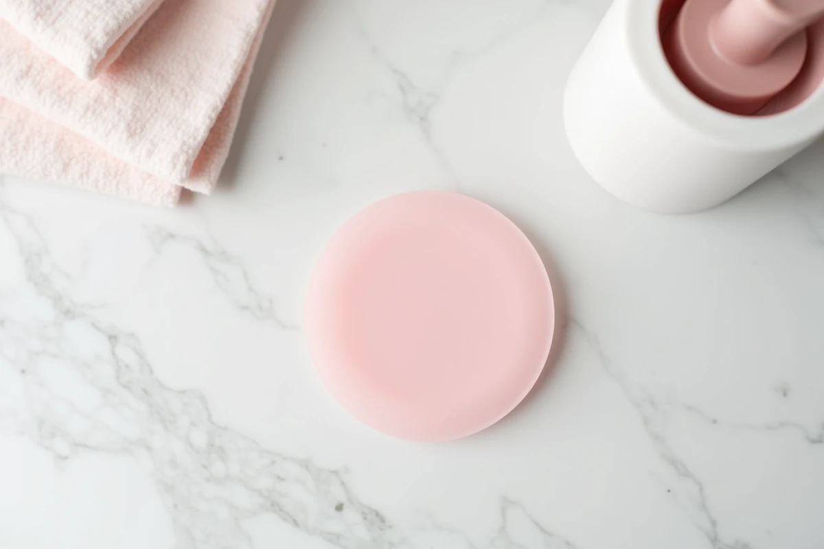 Gros plan d'un disque menstruel en silicone posé sur un comptoir en marbre blanc, hygiène et soin féminin