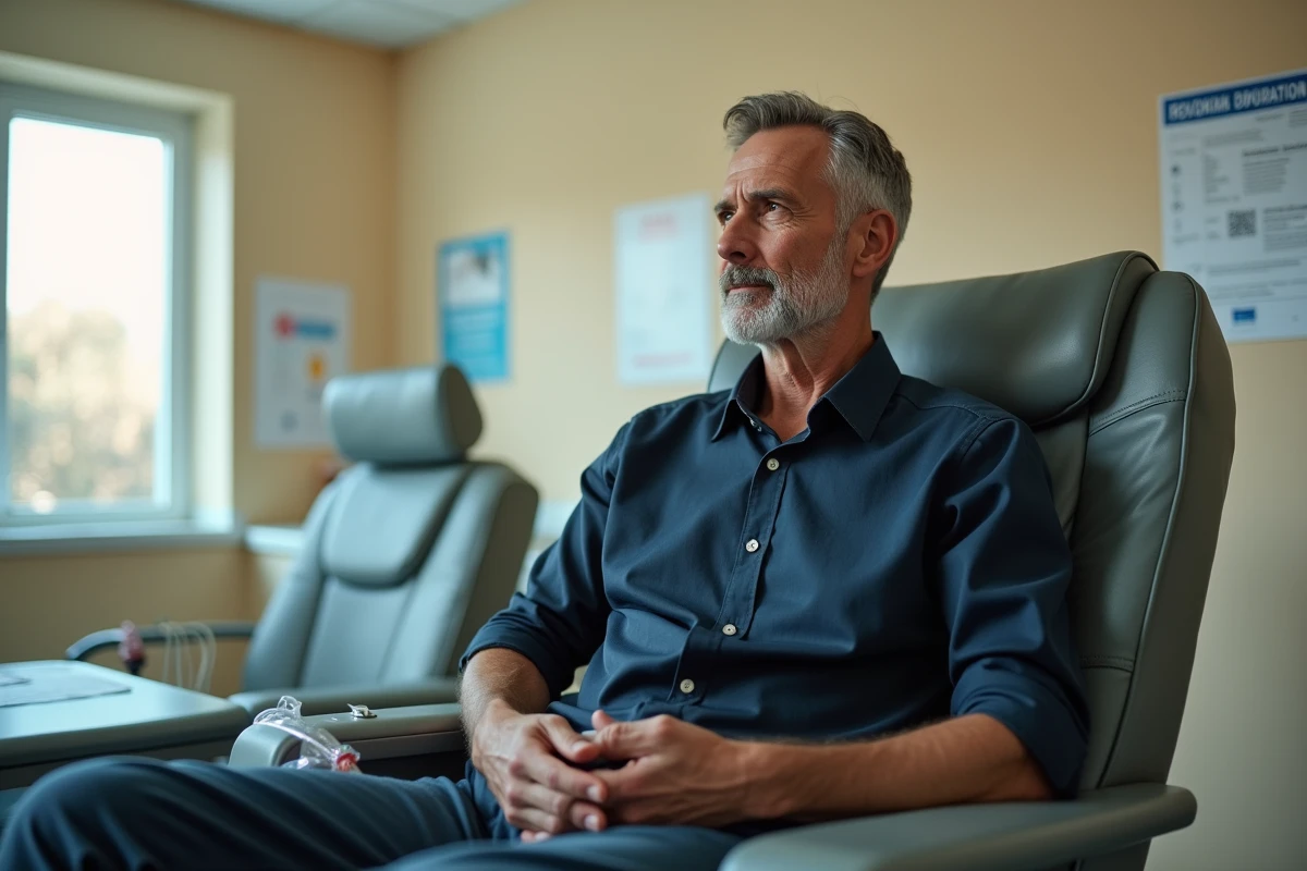 Donneur de sang universel groupe O négatif assis dans un fauteuil de don lors d'une collecte de sang