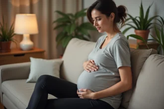 Femme enceinte assise sur un canapé tenant son côté droit du ventre, illustrant une douleur dans l'aine droite pendant la grossesse