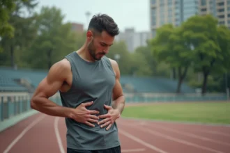 Coureur tenant son bas-ventre côté gauche après un effort physique intense sur une piste d'athlétisme