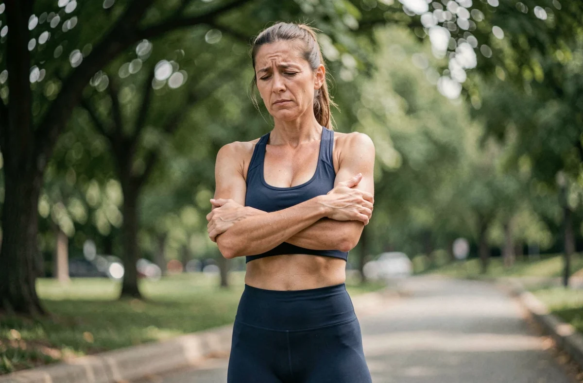 Femme sportive en tenue d'entraînement se tenant le bras gauche douloureux dans un parc urbain après une course