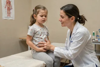 Jeune fille de 8 ans tenant son côté droit du ventre lors d'une consultation pédiatrique avec une médecin attentionnée