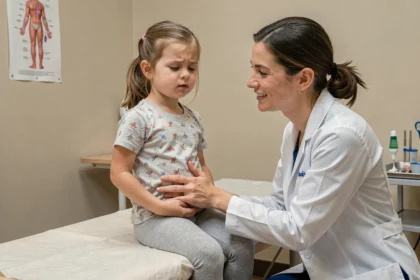 Jeune fille de 8 ans tenant son côté droit du ventre lors d'une consultation pédiatrique avec une médecin attentionnée