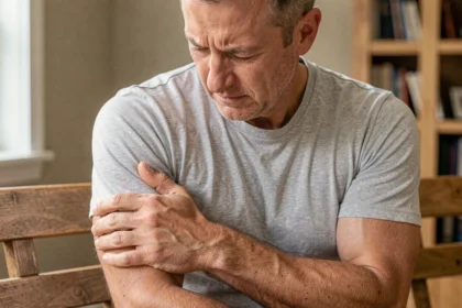 Homme de 45 ans se tenant le bras gauche avec une expression de douleur musculaire, assis dans un intérieur cosy