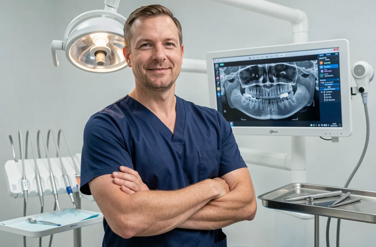 Doutremepuich Eric, chirurgien-dentiste en blouse marine devant un panoramique dentaire numérique dans son cabinet moderne