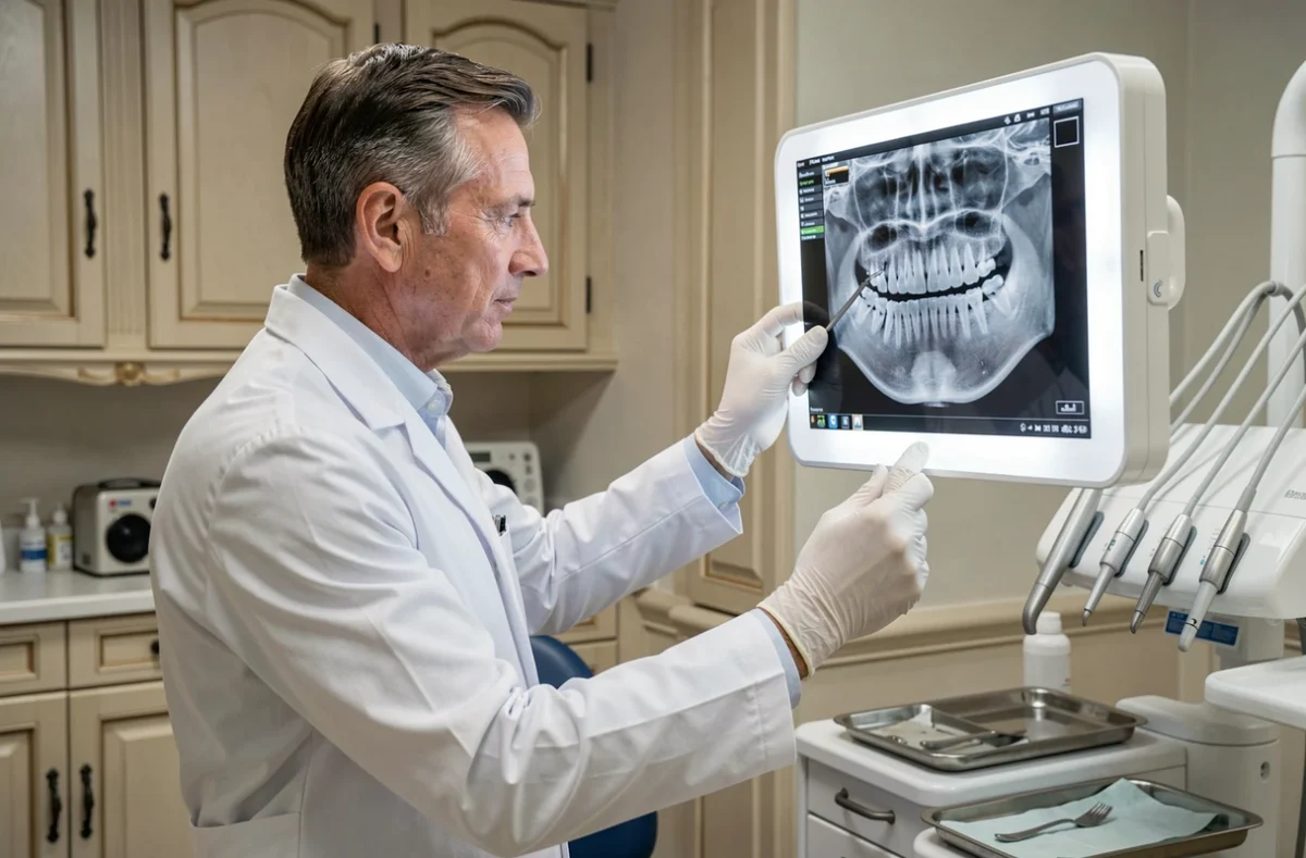 Dr Géraud de Grully, dentiste en blouse blanche examinant un panoramique dentaire dans son cabinet en France