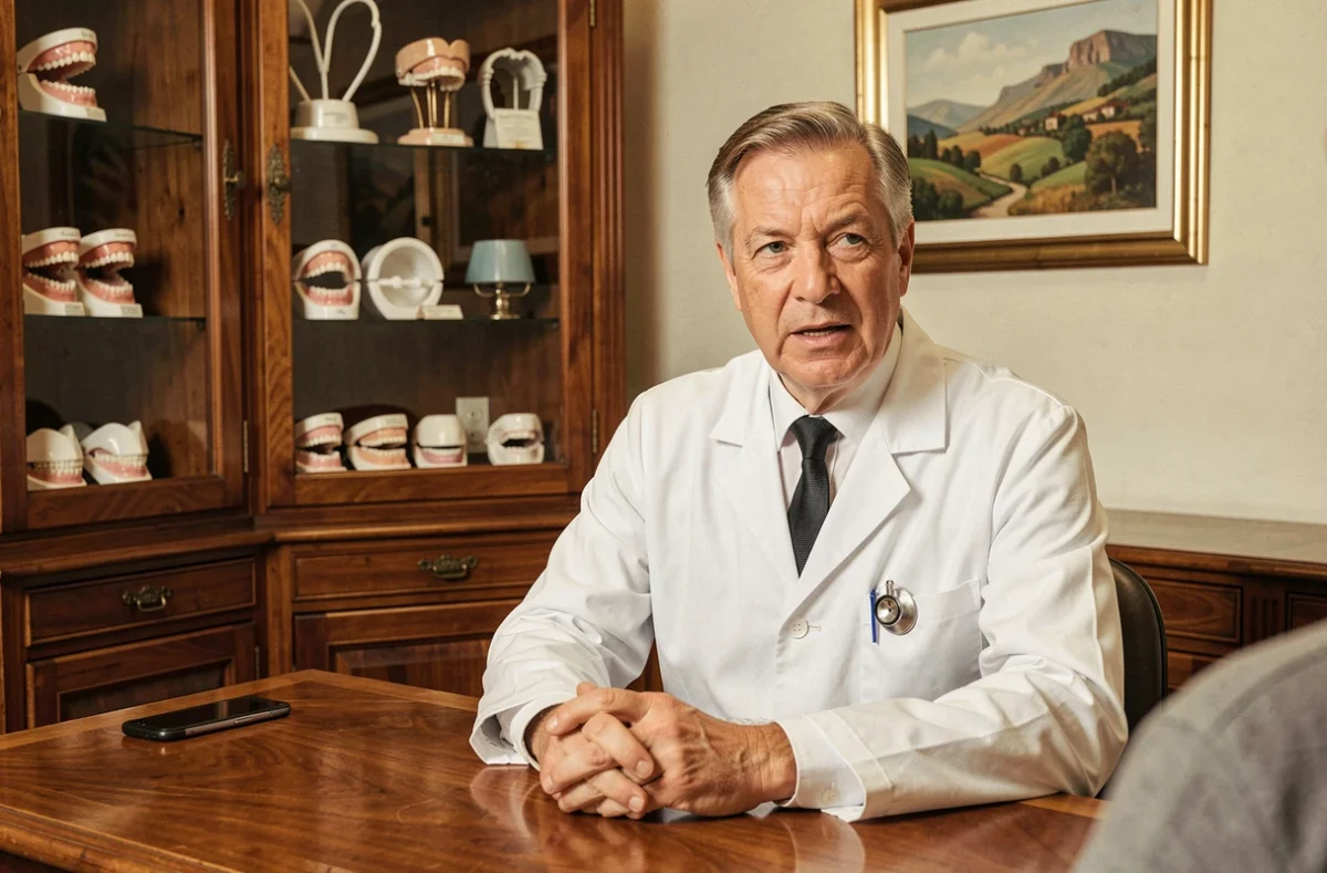 Dr Michel Gouvernet, dentiste expérimenté en consultation dans son cabinet au décor classique dans l'Hérault