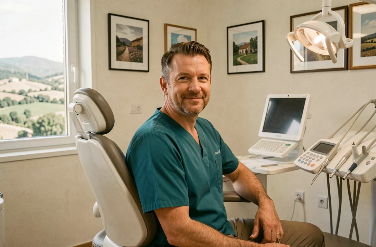 Dr Olivier Roy, dentiste du Cabinet Dentaire du Clermontais assis près du fauteuil dentaire avec vue sur la campagne héraultaise