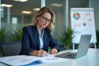 Directrice des ressources humaines en établissement de santé analysant des documents liés à la loi Rist dans un bureau administratif moderne