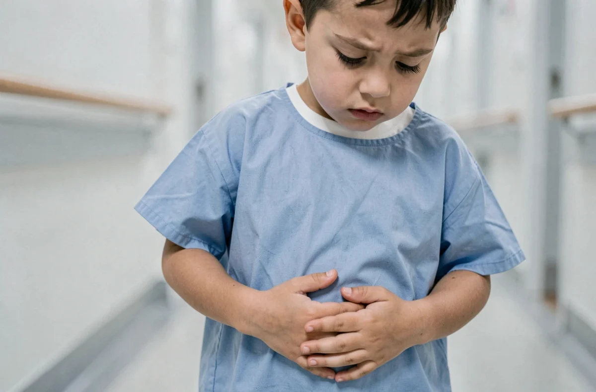 Enfant en blouse d'hôpital tenant son côté droit du ventre dans un couloir de service pédiatrique