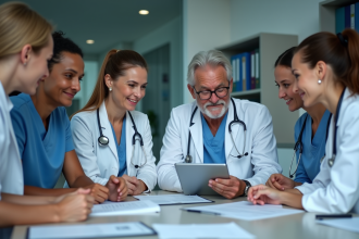 Groupe de professionnels de santé en réunion hospitalière